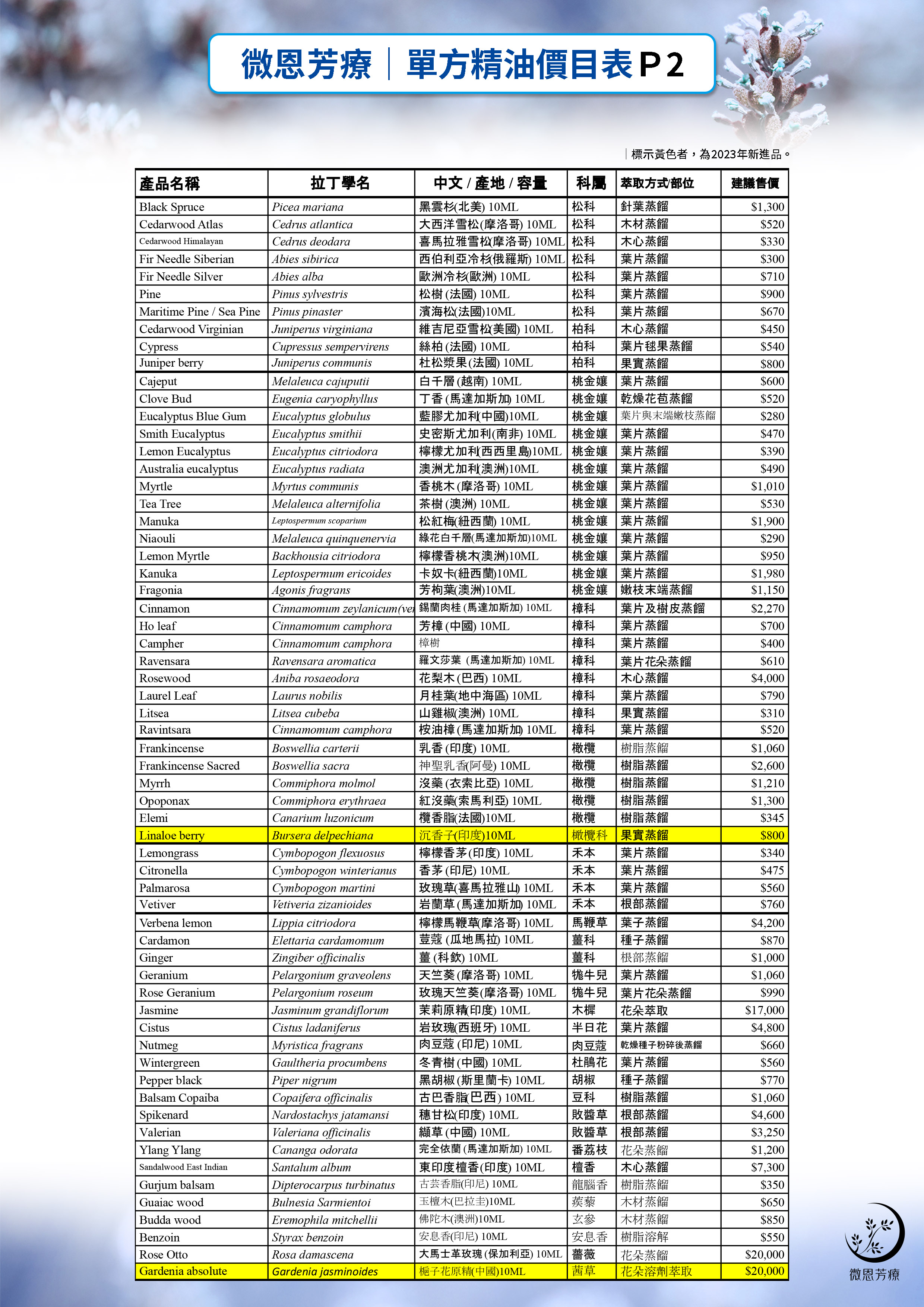 【單方精油】價目表 【單方精油】價目表